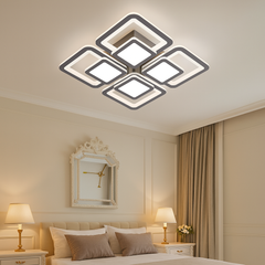 Lustra LED neagra 8022/4BK 104W cu forme geometrice si lumina ajustabila 3000K-6500K, perfecta pentru dormitor modern si iluminare confortabila