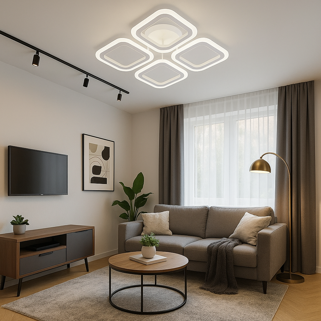 Lustra LED 8036/4WH alba 56W cu 4 module patrate si lumina reglabila, ideala pentru un living modern si luminos