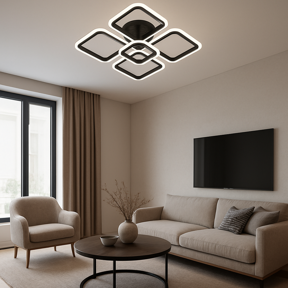 Lustra LED 8036/4+1BK negru 102W cu design geometric si lumina reglabila, ideala pentru living modern cu iluminare uniforma