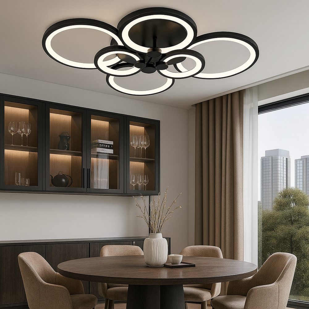 Lustra LED 8067/4+2BK negru 188W cu 6 inele moderne si lumina reglabila, potrivita pentru dining modern