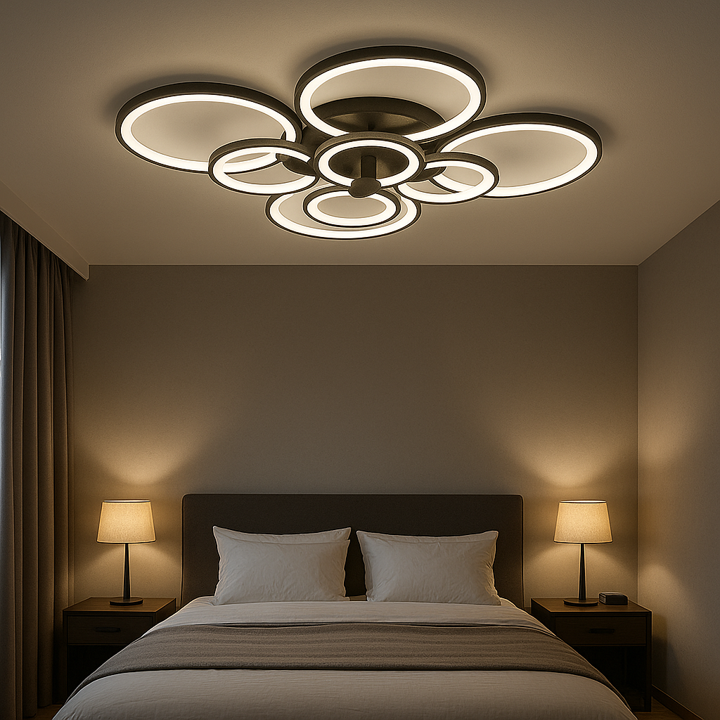 Lustra LED 8067/4+4 negru 300W cu 8 inele moderne lumina reglabila 3000K-6500K cu telecomanda