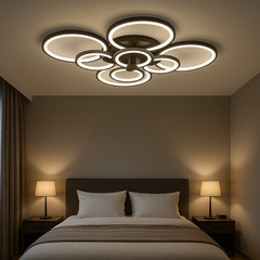 Lustra LED 8067/4+4 negru 300W cu 8 inele moderne lumina reglabila 3000K-6500K cu telecomanda