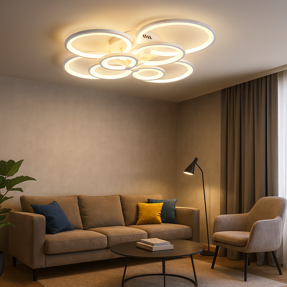 Lustra LED 8067/4+4 300W cu 8 inele moderne si lumina reglabila, ideal a pentru livinguri spatioase cu decor contemporan