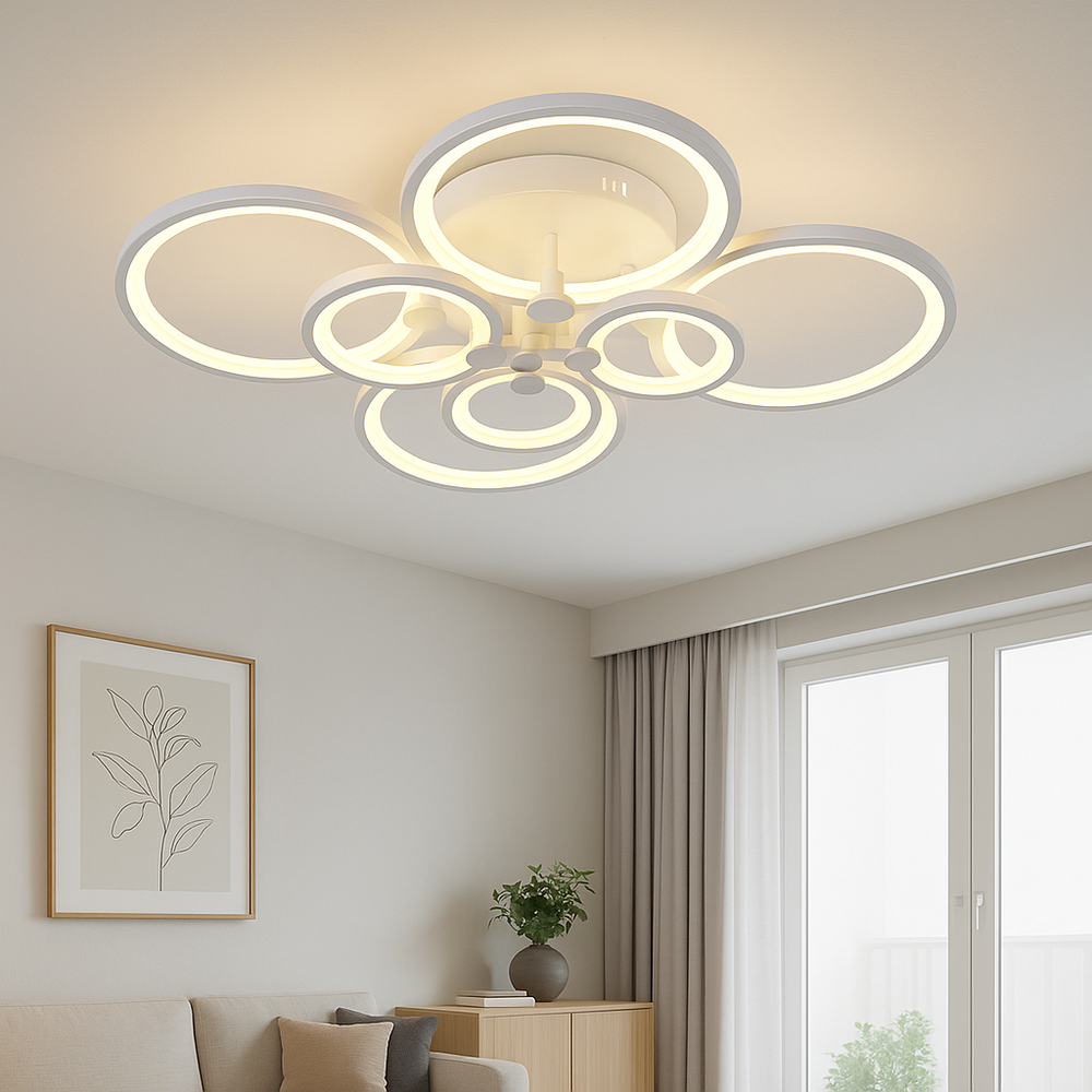 Lustra LED 8067/4+4 300W cu 8 inele moderne si lumina reglabila, ideal a pentru livinguri spatioase cu decor contemporan