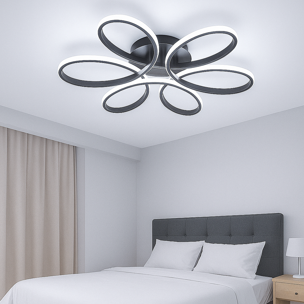 Lustra LED floral 120W neagra cu telecomanda si lumina reglabila, ideala pentru iluminarea eleganta si confortabila a unui dormitor modern