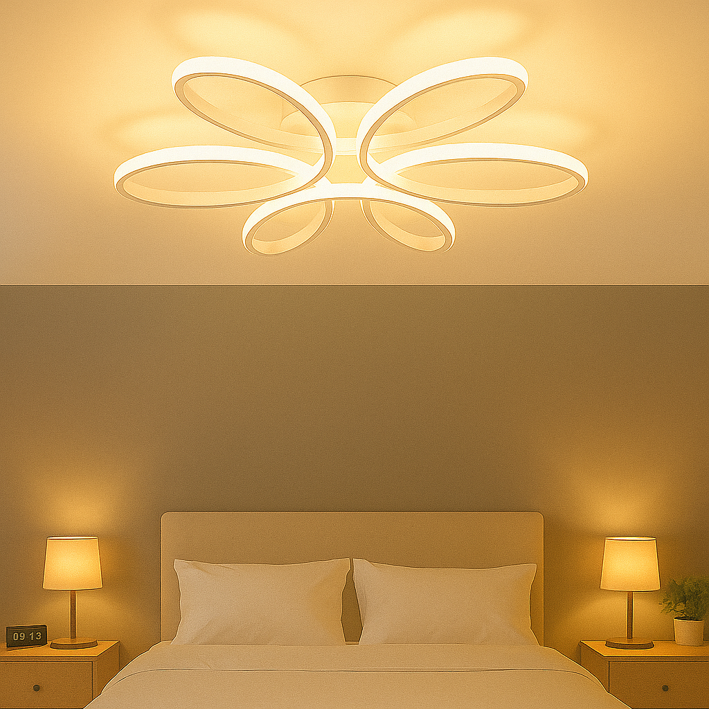 Lustra LED florala 120W alb cu lumina reglabila si telecomanda, perfecta pentru iluminarea calma si eleganta a unui dormitor modern