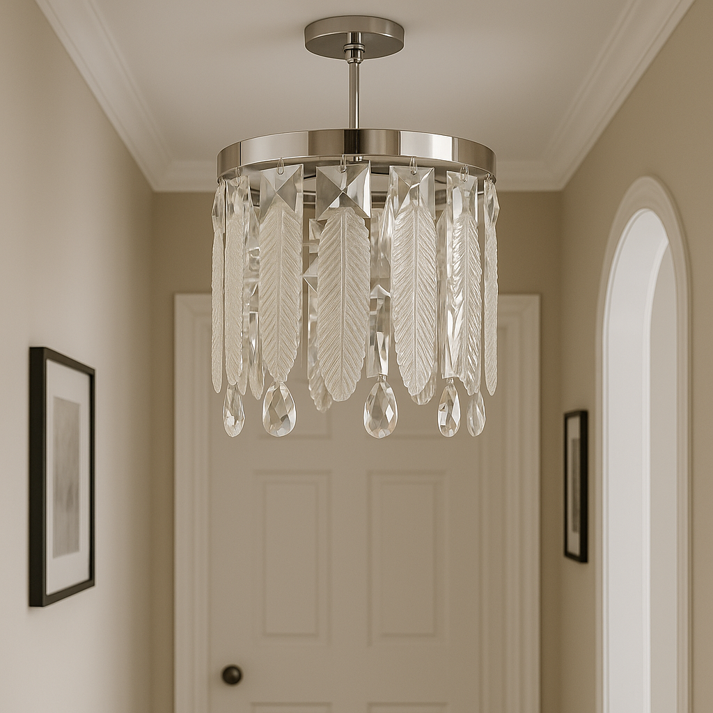 Pendul rotund cu cristale si 1 bec E27, montat in hol modern, iluminare ambientala rafinata si efect vizual glam.