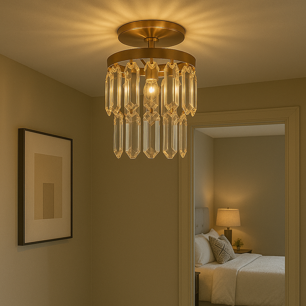 Pendul rotund auriu cu cristale si 1 bec E27, montat in hol modern, iluminare ambientala rafinata si efect vizual placut.