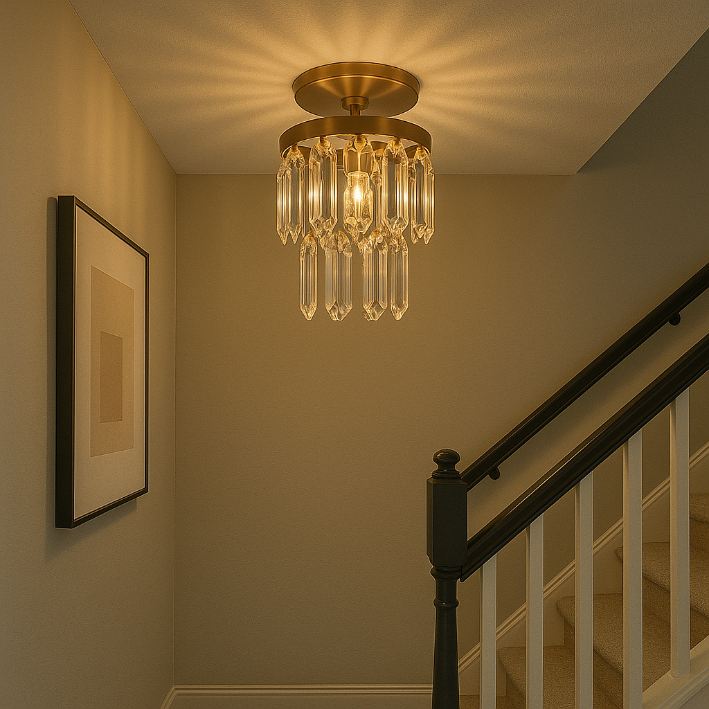 Pendul rotund auriu cu cristale si 1 soclu E27, suspendat pe casa scarii, iluminare discreta si accent decorativ elegant.