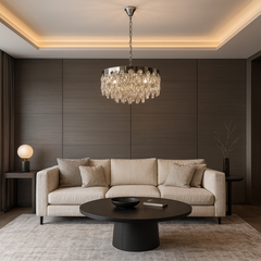 Candelabru patrat crom lucios 40 cm cu 8 becuri E27, iluminat elegant pentru living modern, montaj suspendat decorativ.