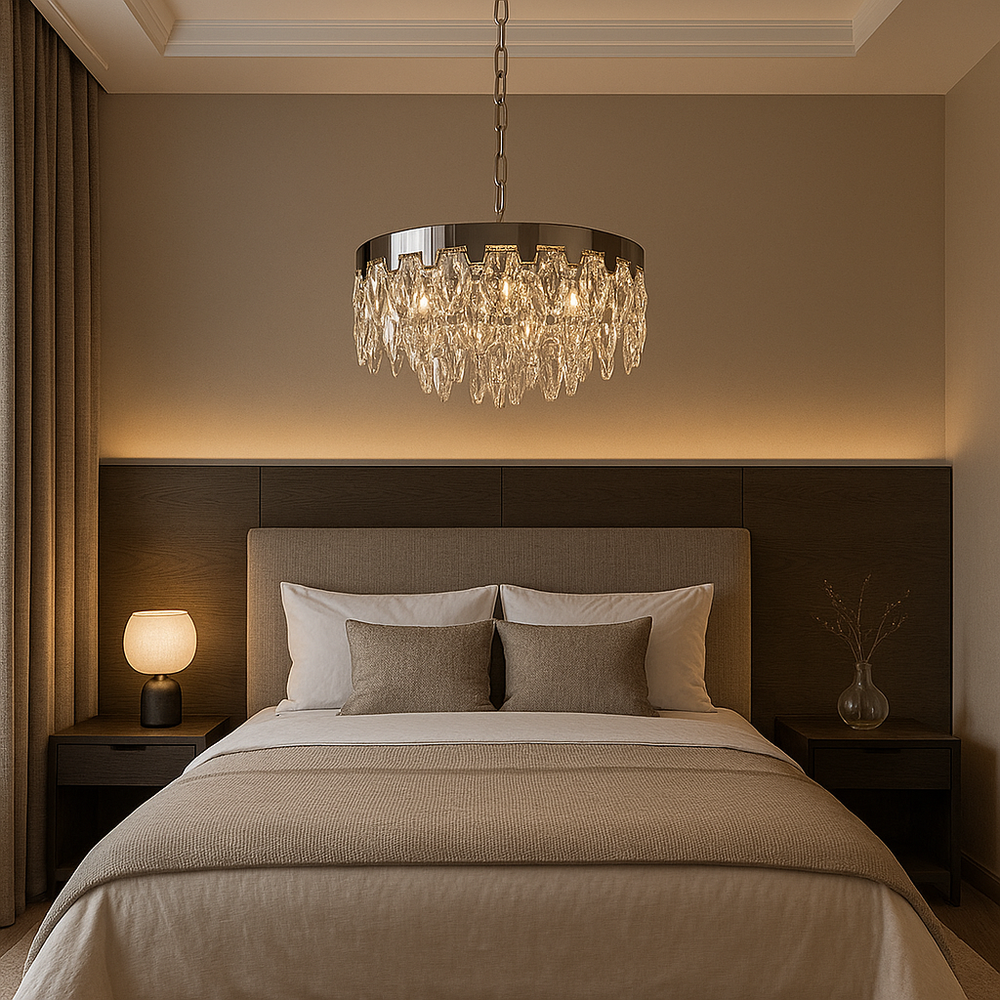 Candelabru patrat cromat 40 cm cu 8 surse E27, lumina decorativa eleganta pentru dormitor modern sau clasic.