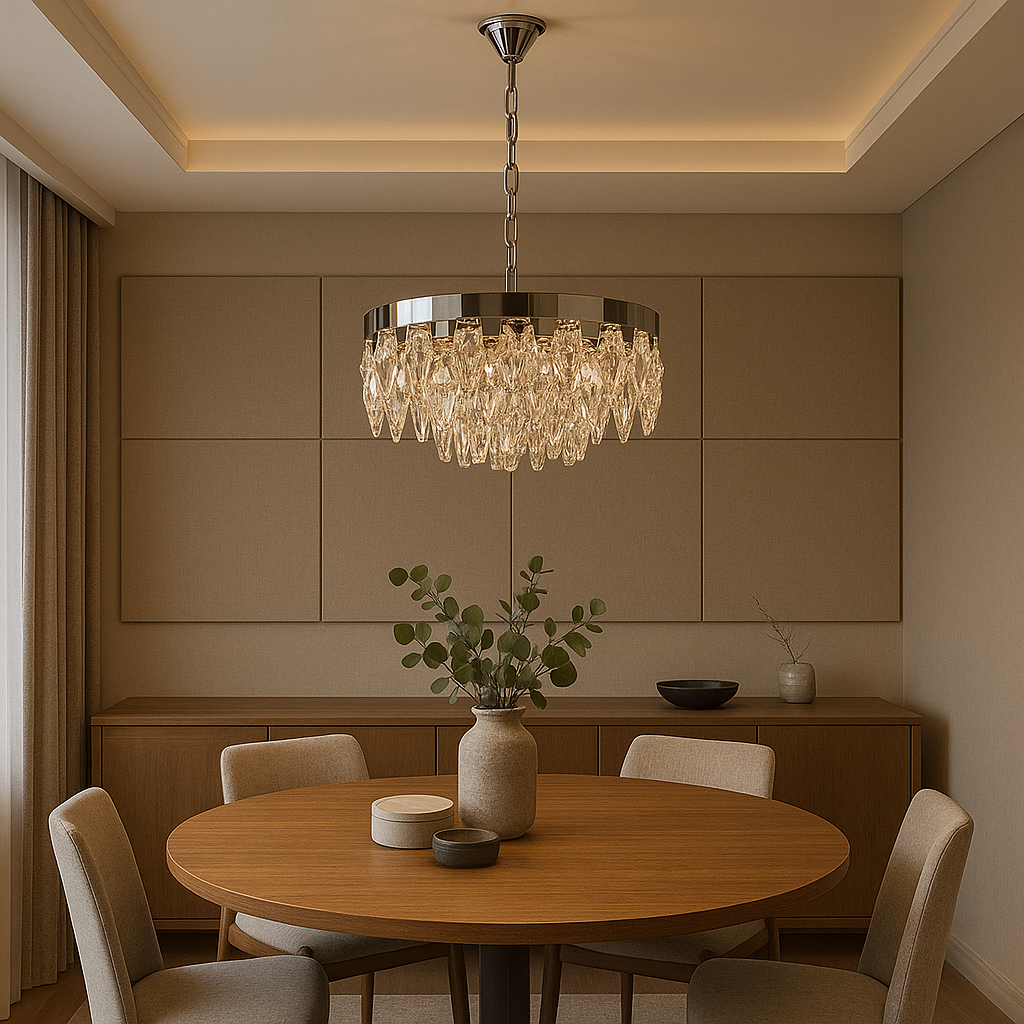 Candelabru patrat crom 400 mm cu 8 becuri E27, iluminat puternic si uniform pentru masa din dining.