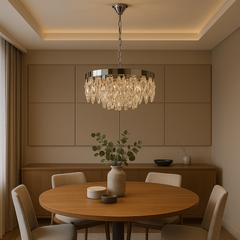 Candelabru patrat crom 400 mm cu 8 becuri E27, iluminat puternic si uniform pentru masa din dining.