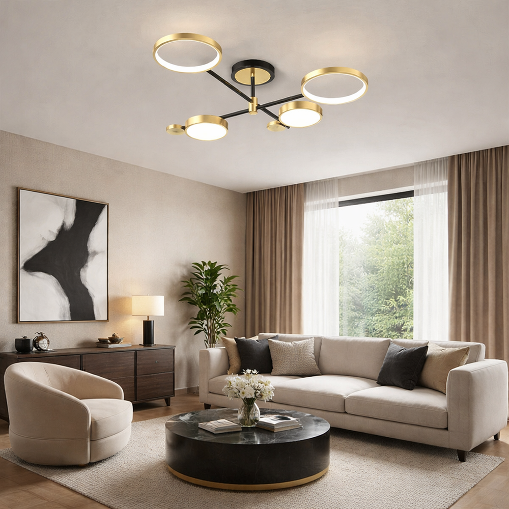 Lustra LED moderna negru auriu cu 4 surse lumina in living modern, iluminare LED calda neutra sau rece