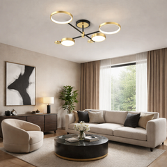 Lustra LED moderna negru auriu cu 4 surse lumina in living modern, iluminare LED calda neutra sau rece
