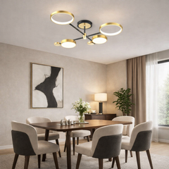 Lustra LED moderna negru auriu cu 4 surse lumina deasupra mesei dining, iluminare LED uniforma si stil modern