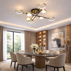 Lustra LED moderna negru auriu cu 8 surse lumina deasupra mesei dining, iluminare LED eficienta si stil modern