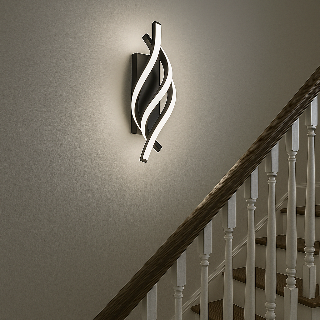 Aplica LED Twist Negru 38W, forma twist tridimensionala, instalata pe un hol modern pentru lumina clara si rafinata