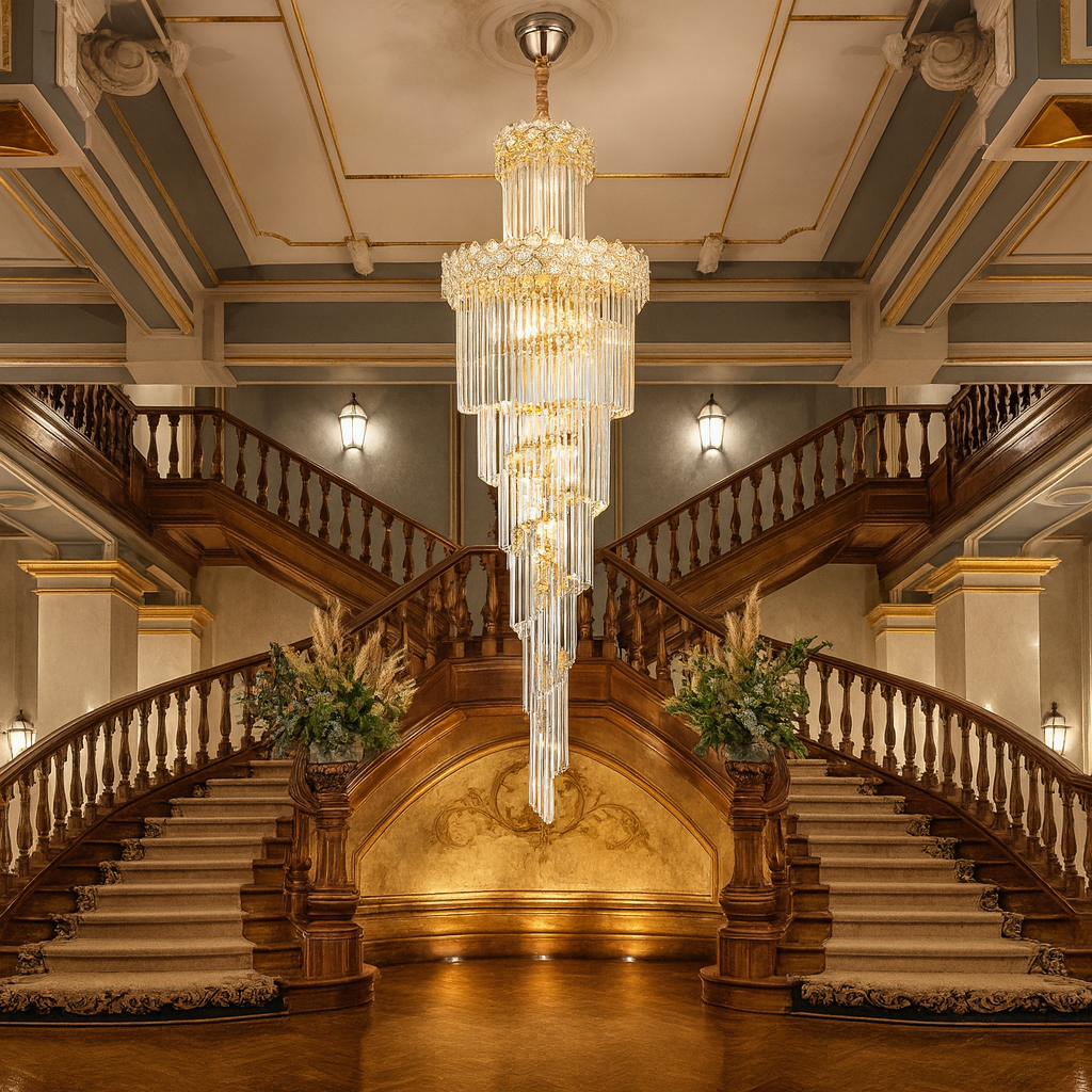 Candelabru auriu Ø600 H1800 cu 18 E27, suspendat, finisaj premium, ideal pentru scari interioare inalte si spatii elegante