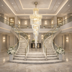 Candelabru auriu Ø600 H1800 cu 18 E27, suspendat, finisaj premium, ideal pentru scari interioare inalte si spatii elegante