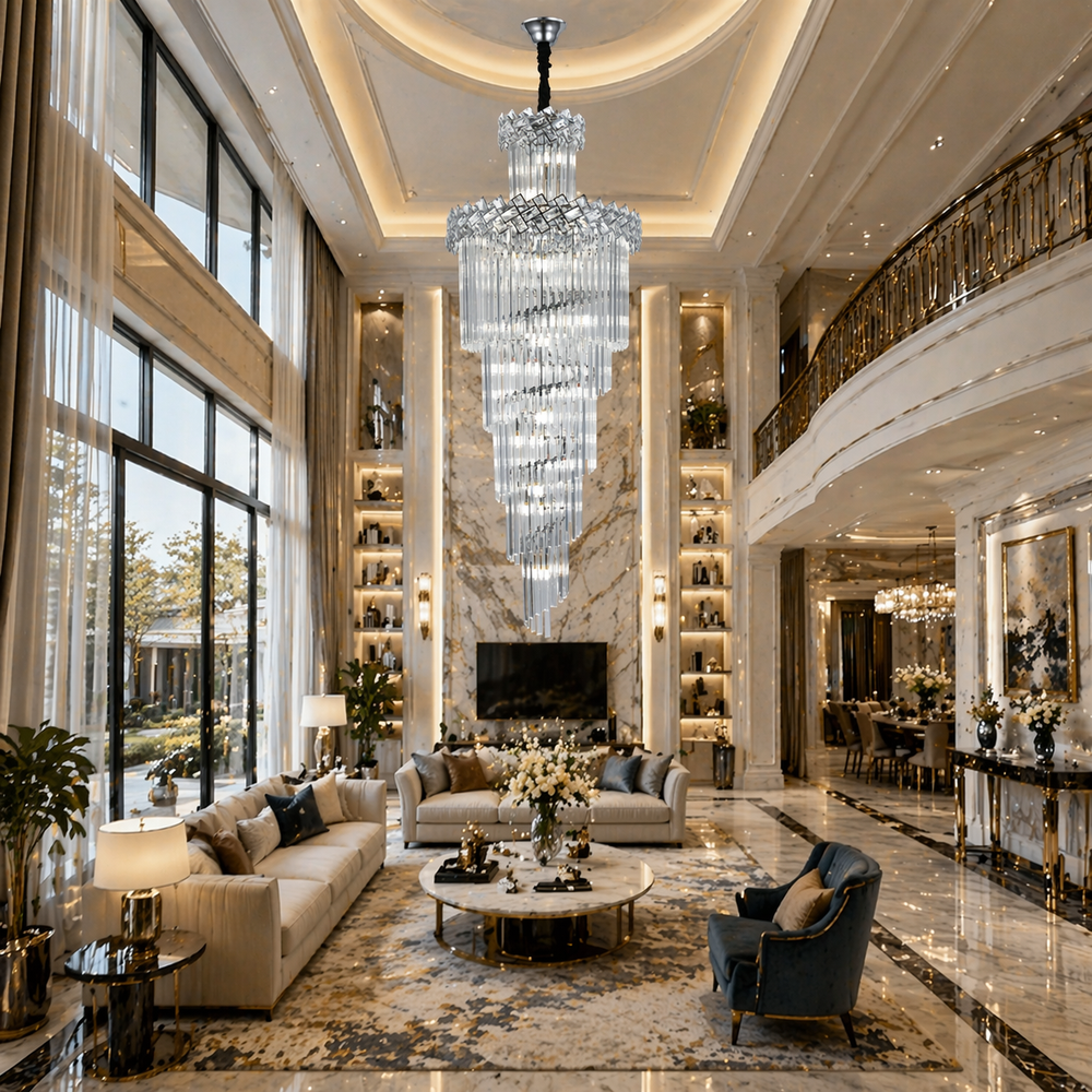 Candelabru argintiu Ø600x1800mm cu 18xE27 in living spatios cu tavan inalt decor modern lux si lumina eleganta