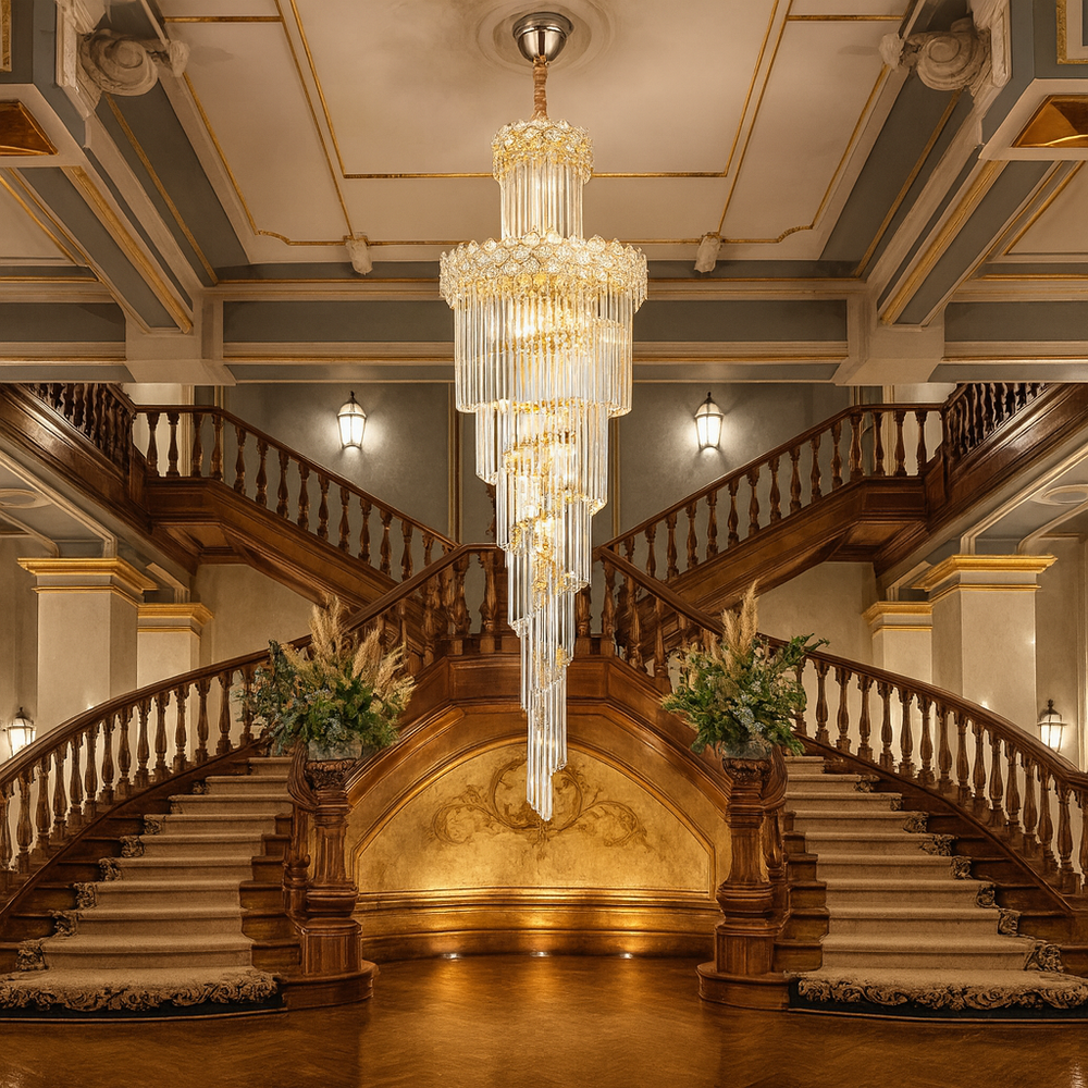 Candelabru auriu Ø600 H1800 cu 18 E27, suspendat, finisaj premium, ideal pentru scari interioare inalte si spatii elegante