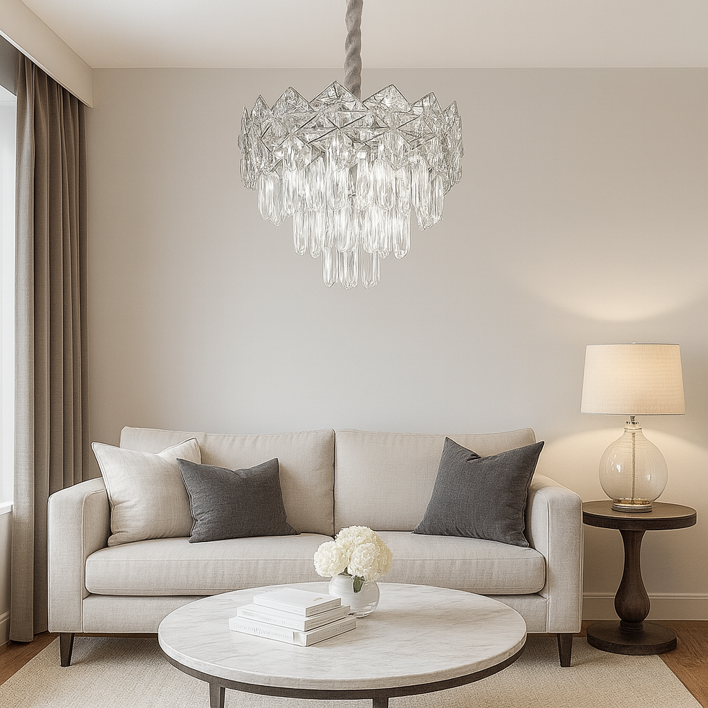 Candelabru rotund din cristal argintiu Ø300 mm, suspendat central intr-un living modern cu reflexii elegante