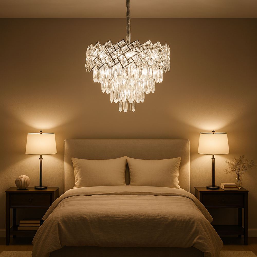 Candelabru rotund din cristal argintiu Ø400 mm, iluminare calda si decor luxos intr-un dormitor elegant