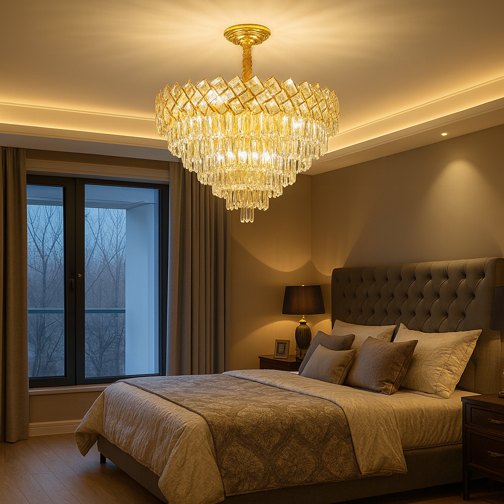 Candelabru rotund din cristal auriu Ø500 mm, cu 7 surse E27 pentru lumina uniforma si decor sofisticat in dormitor