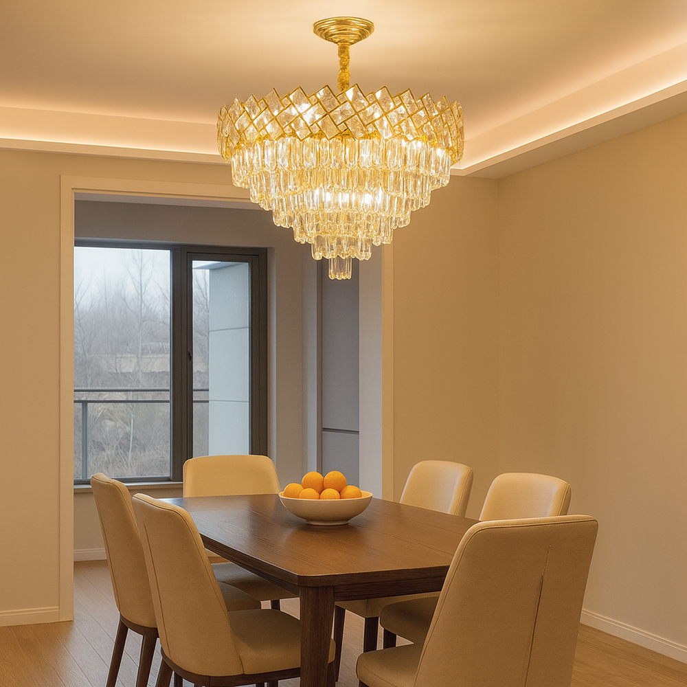 Candelabru rotund din cristal auriu Ø500 mm, suspendat deasupra mesei dreptunghiulare din dining premium