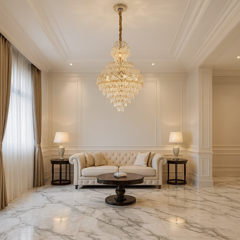 Candelabru cristal rotunda argintiu Ø600 H900 in living foarte inalt, 13 E27, iluminare spectaculoasa fara telecomanda