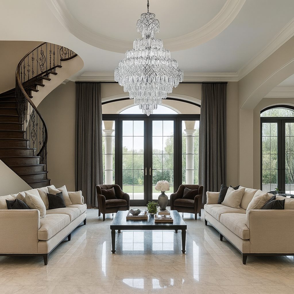 Candelabru cristal rotunda argintiu Ø600 H900 in living inalt, 13 E27, lumina eleganta pentru spatiu premium