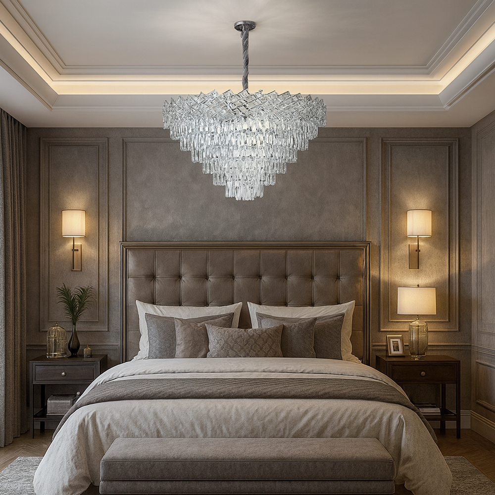 Candelabru rotund din cristal argintiu Ø800 mm, iluminare ampla si design modern pentru un dormitor foarte spatios