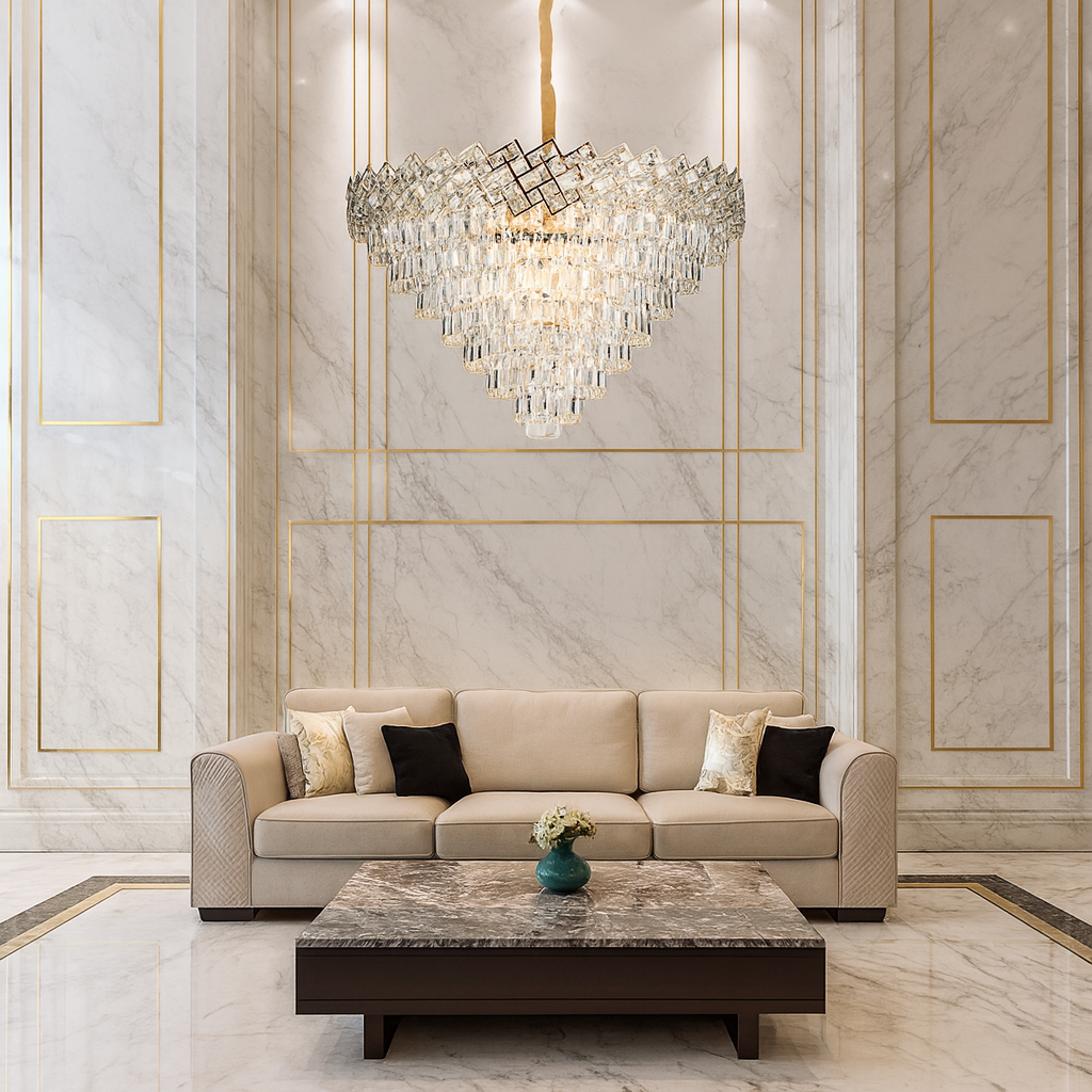 Candelabru rotund din cristal auriu Ø800 mm, cu 16 surse E27, montat intr-un living inalt pentru efect regal si luminos