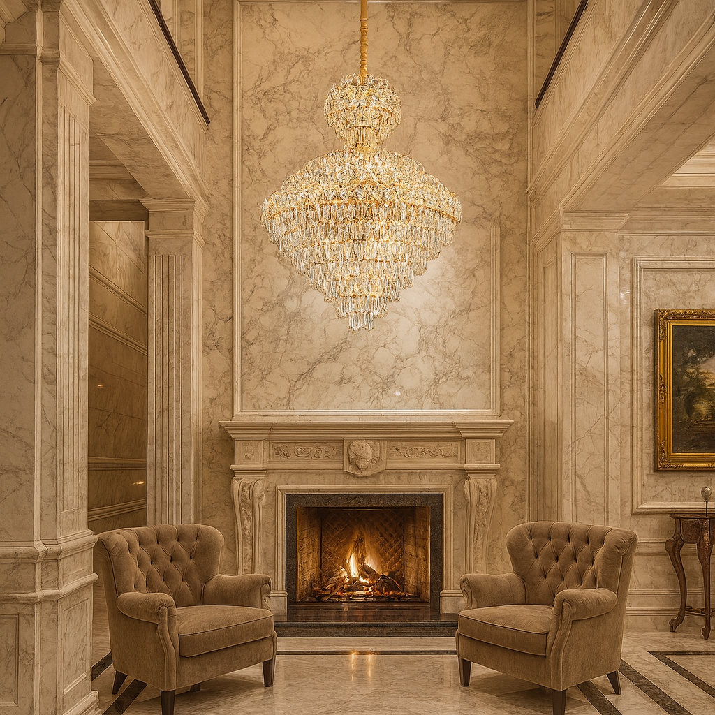 Candelabru cristal rotunda Ø800 H1100 in living pe doua niveluri, 22 E27, iluminare intensa pentru spatiu premium