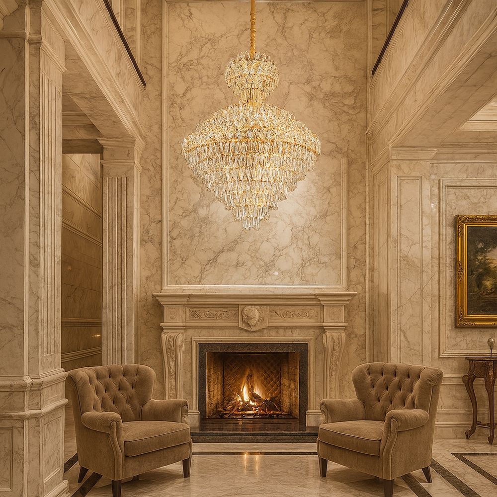 Candelabru cristal rotunda Ø800 H1100 in living pe doua niveluri, 22 E27, iluminare intensa pentru spatiu premium