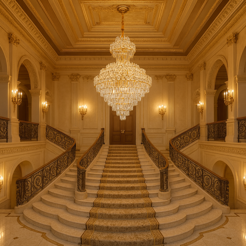 Candelabru cristal rotunda Ø800 H1100 pe casa scarii monumentale, 22 E27, efect vizual spectaculos