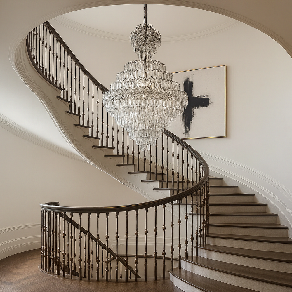 Candelabru cristal rotunda crom Ø800 H1100 pe casa scarii inalte, 22 E27, efect vizual grandios