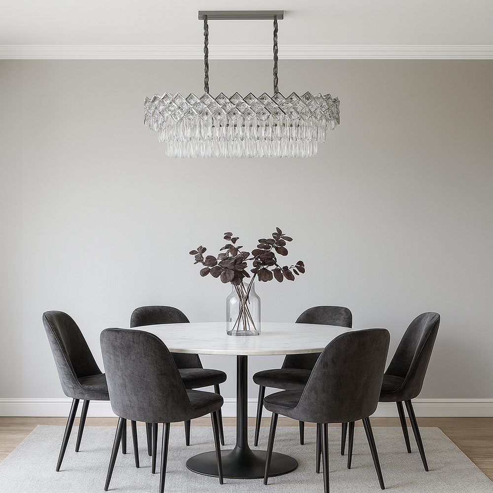 Candelabru cristale dreptunghiular argintiu 800x300 mm langa casa scarii, 8 E27, iluminare moderna rafinata