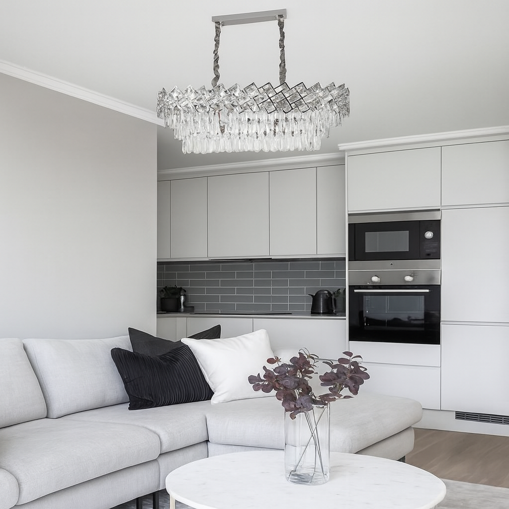 Candelabru cristale dreptunghiular argintiu 800x300 mm in living modern, 8 E27, iluminare eleganta decorativa