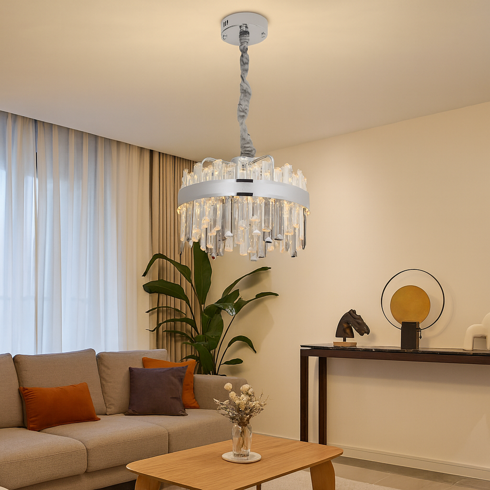 Candelabru LED rotund crom 8652/400, 92W, cu telecomanda, lumina reglabila 2800–6500K, iluminare moderna living.