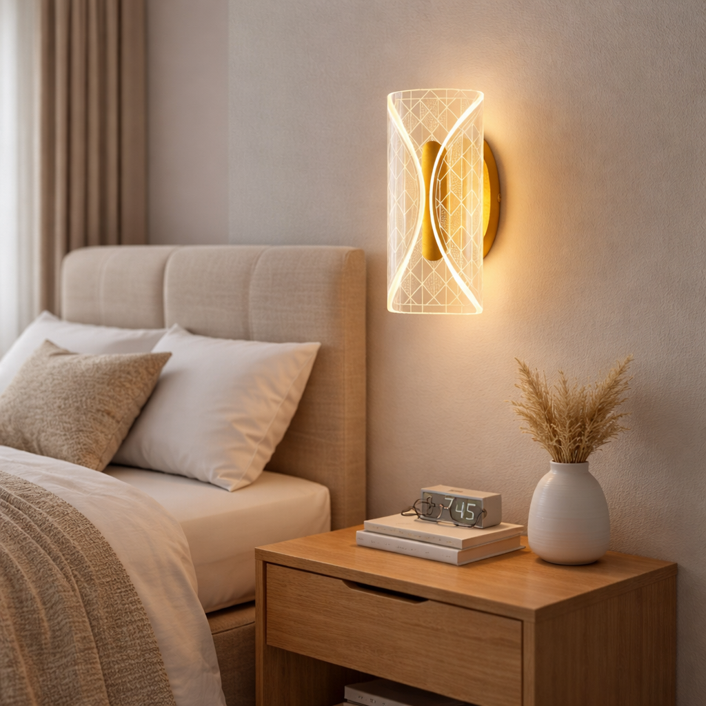 Aplica de perete LED moderna 8W cu lumina calda si stil minimalist, iluminare relaxanta si uniforma pentru dormitor modern