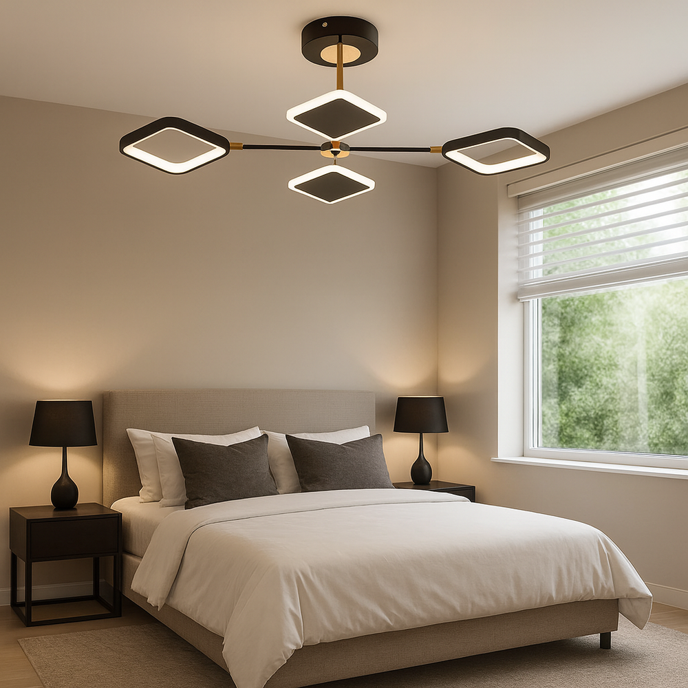 Lustra LED 8720B/4 geometric a 60W cu telecomanda si lumina 2800–6500K, potrivita pentru dormitoare moderne