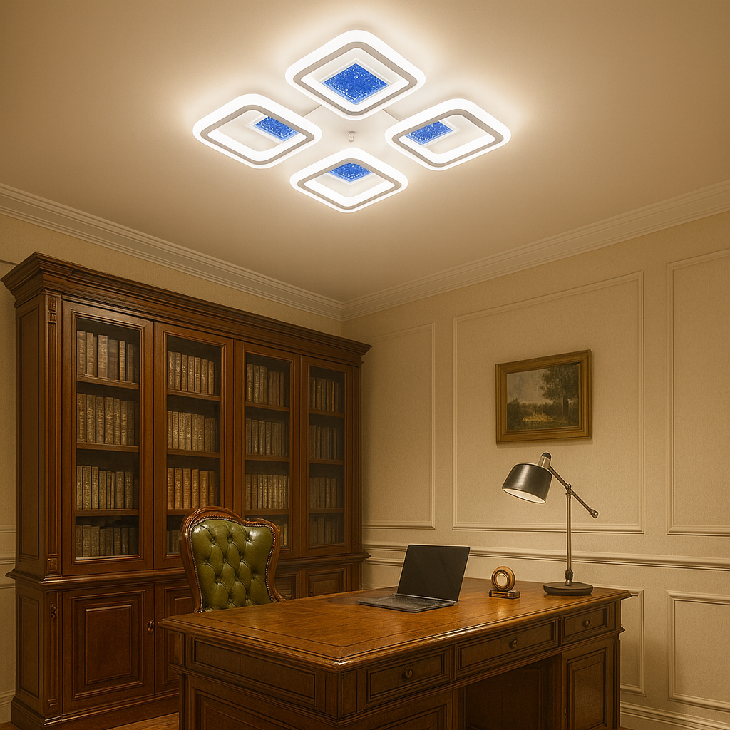 Lustra LED patrata slim 8736/4 104W cu lumina reglabila 2800–6500K si telecomanda, perfect a pentru birouri moderne si elegante