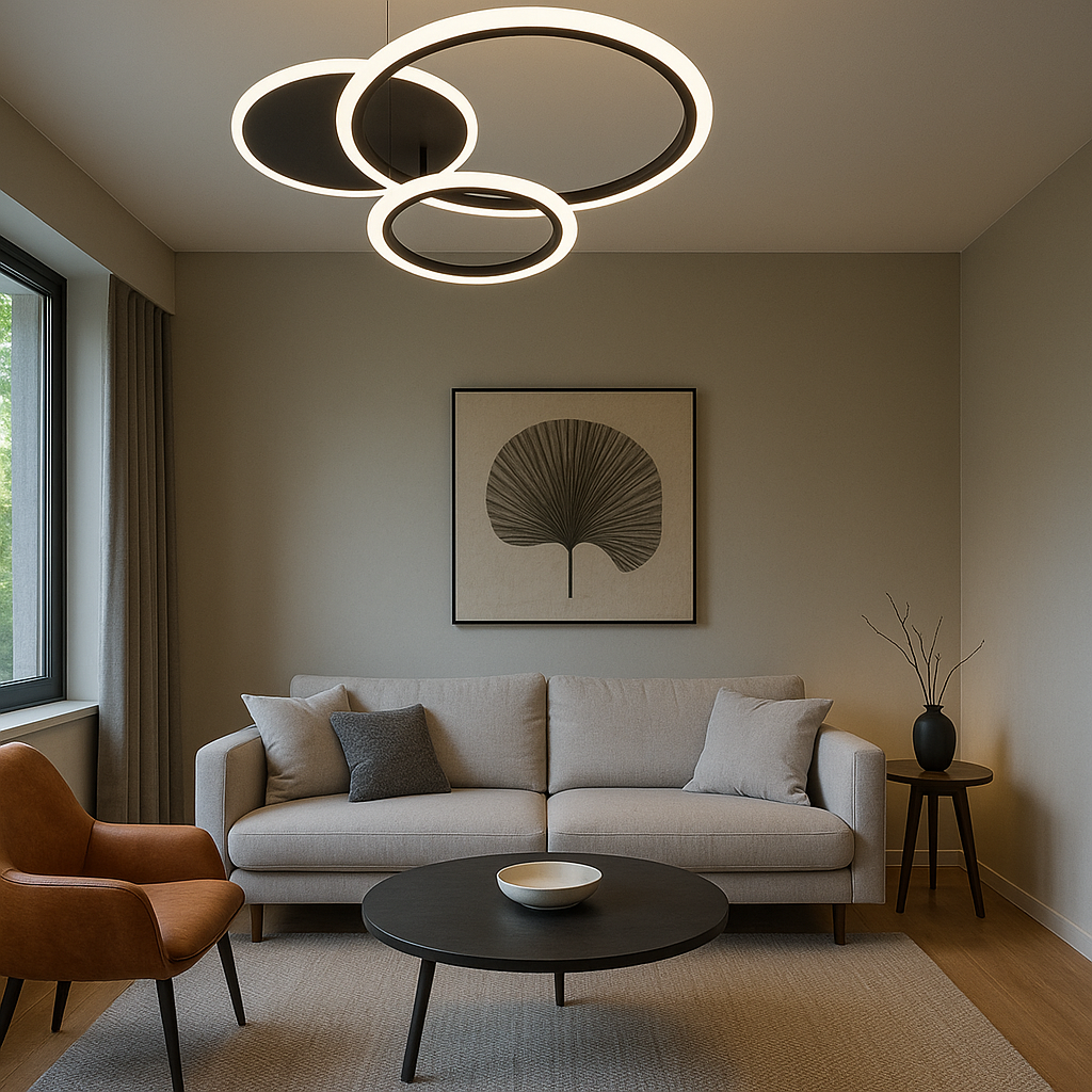 Lustra LED 8888/3BK 98W cu 3 inele suprapuse si telecomanda, ideal a pentru livinguri moderne cu lumin a reglabila si design contemporan