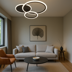 Lustra LED 8888/3BK 98W cu 3 inele suprapuse si telecomanda, ideal a pentru livinguri moderne cu lumin a reglabila si design contemporan