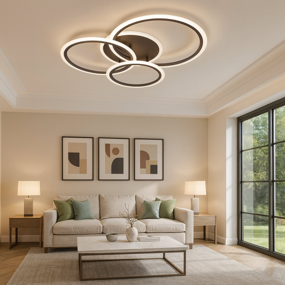 Lustra LED 8888/4 128W cu 4 inele interconectate si telecomanda, ideal a pentru livinguri moderne cu lumin a reglabila si design elegant