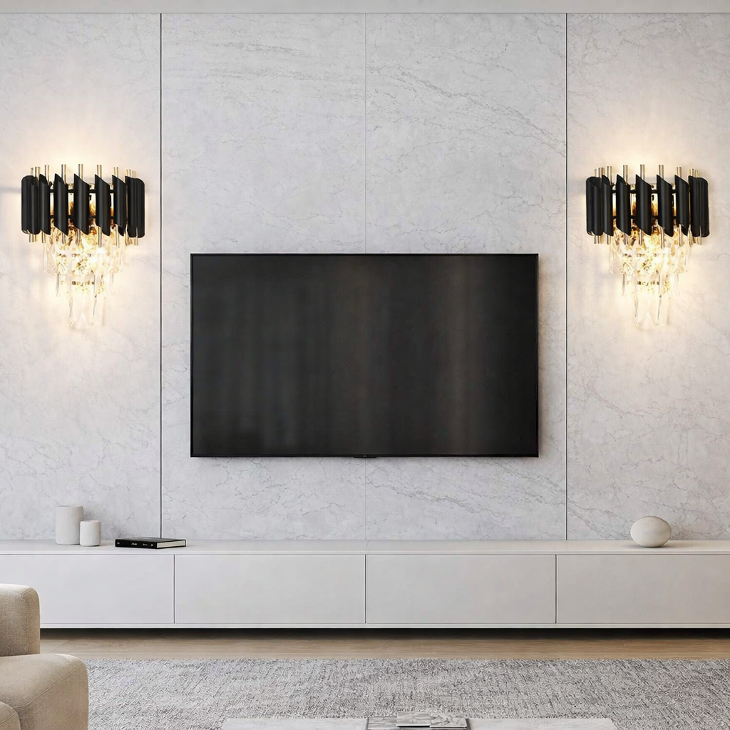 Aplica de perete negru auriu cu cristale decorative si stil glam modern, iluminare ambientala eleganta pentru living sofisticat