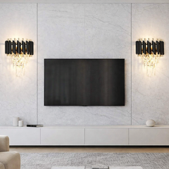 Aplica de perete negru auriu cu cristale decorative si stil glam modern, iluminare ambientala eleganta pentru living sofisticat