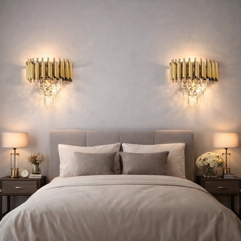 Aplica de perete aurie cu cristale rafinate si stil modern clasic, lumina calda ambientala pentru dormitor elegant